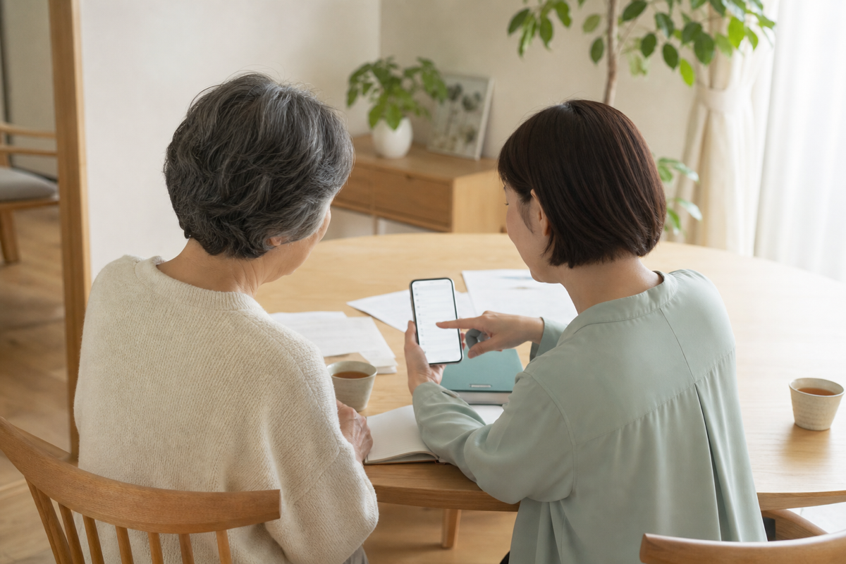 食卓で母と娘がスマートフォンの契約一覧を一緒に確認する様子