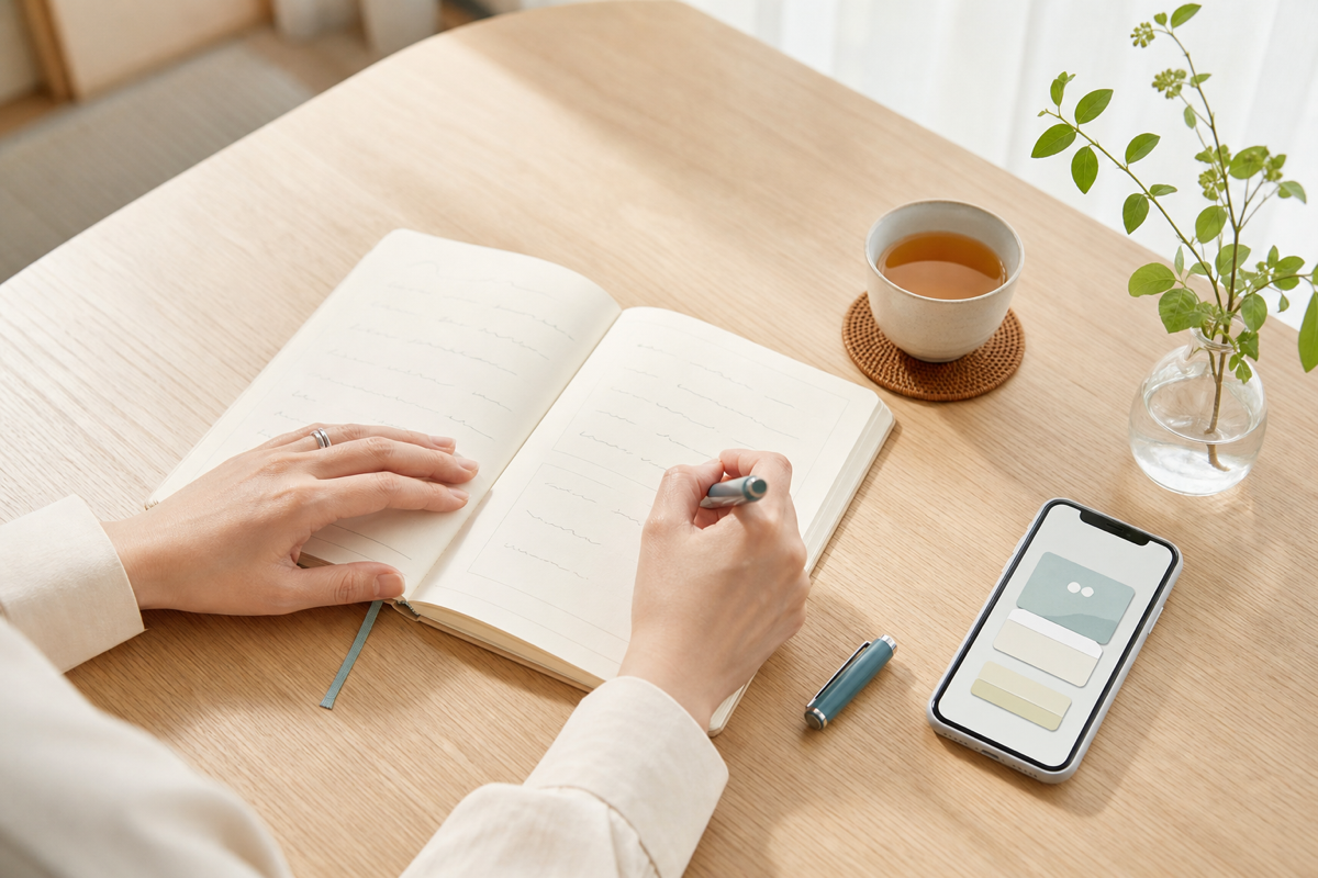 ノートとスマートフォンを並べて家族へのメモを書く手元